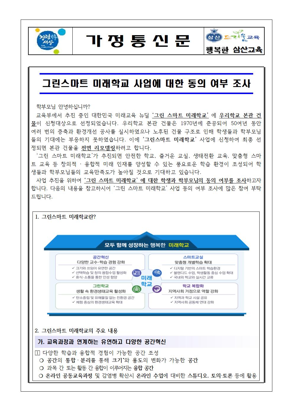 그린스마트 미래학교 사업에 대한 동의 여부 조사(가정통신문)001